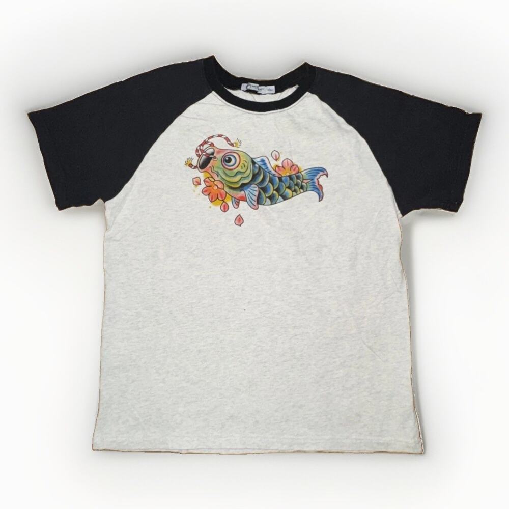 Koi Fish Graphic Raglan T-Shirt Gray Black Japanese Style Men’s Size Large 19x23